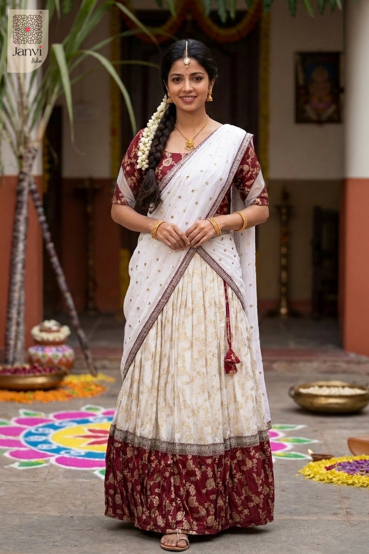 Front full standing shot of a half saree as a beautiful saree plus lehenga for weddings.
