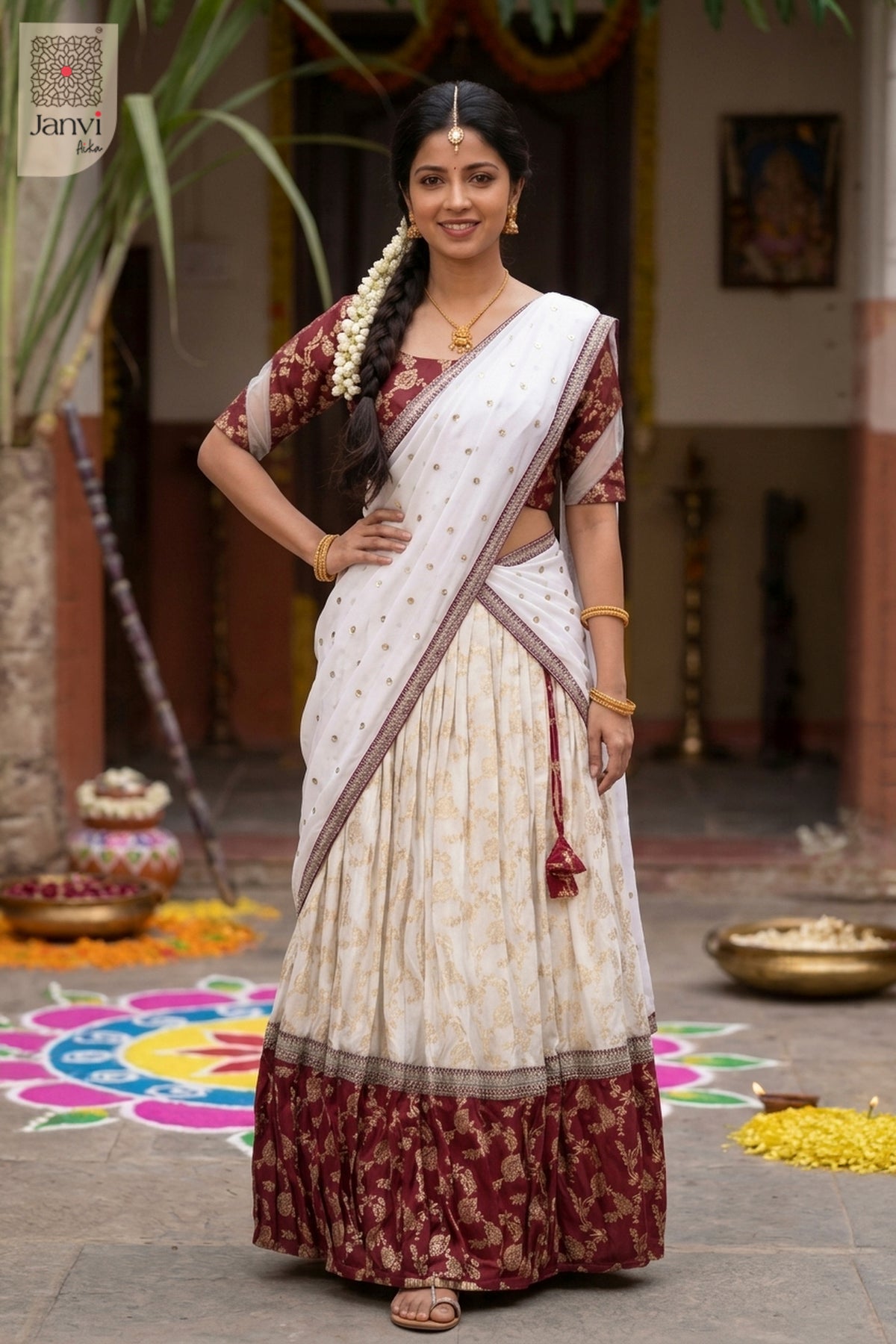 Front full standing shot of a half saree as a beautiful golden work lehenga saree for weddings.