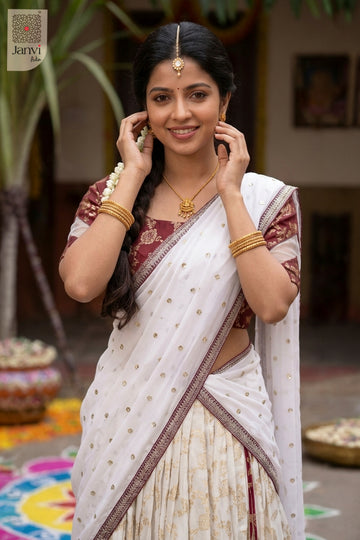 Waist up front smiling view of a half saree as a beautiful party wear lehenga saree.