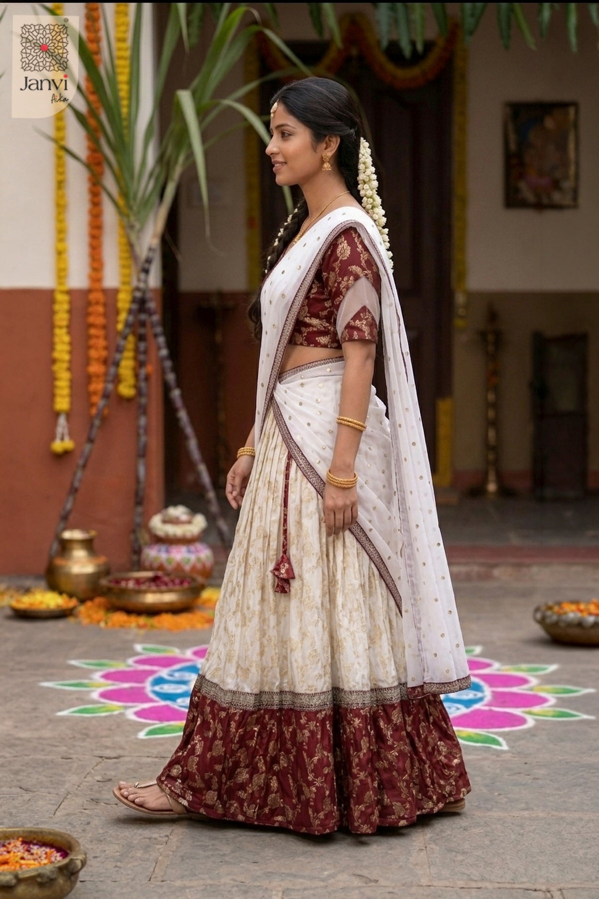 Standing side profile shot of a half saree as a beautiful lehenga as half saree.