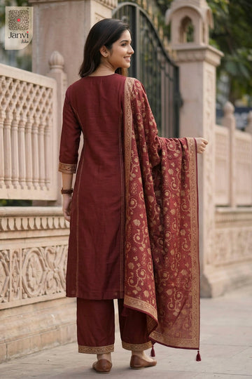 Back view showing neckline styling of Rustic Gold for silk traditional dress for women.