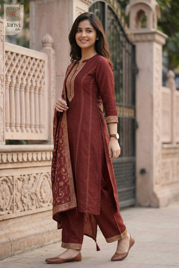 Waist-up front view of Rustic Gold presenting style for readymade dress online shopping.