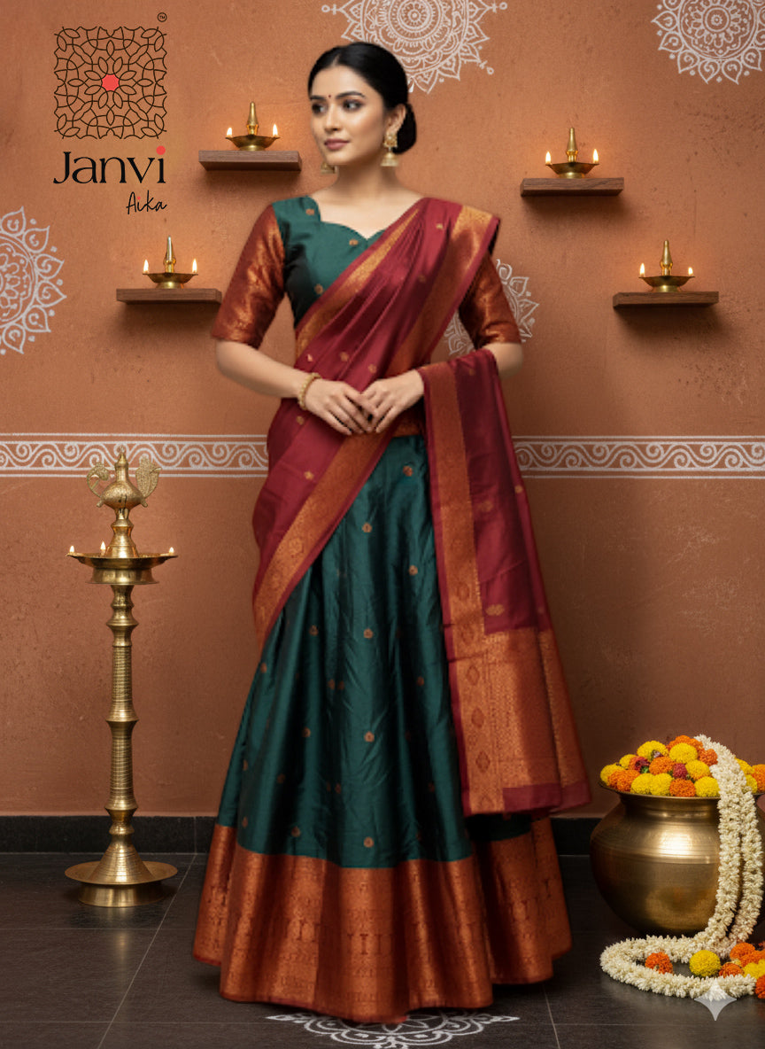 Rajasi Teal & Maroon Heritage Silk Half Saree Lehenga Set
