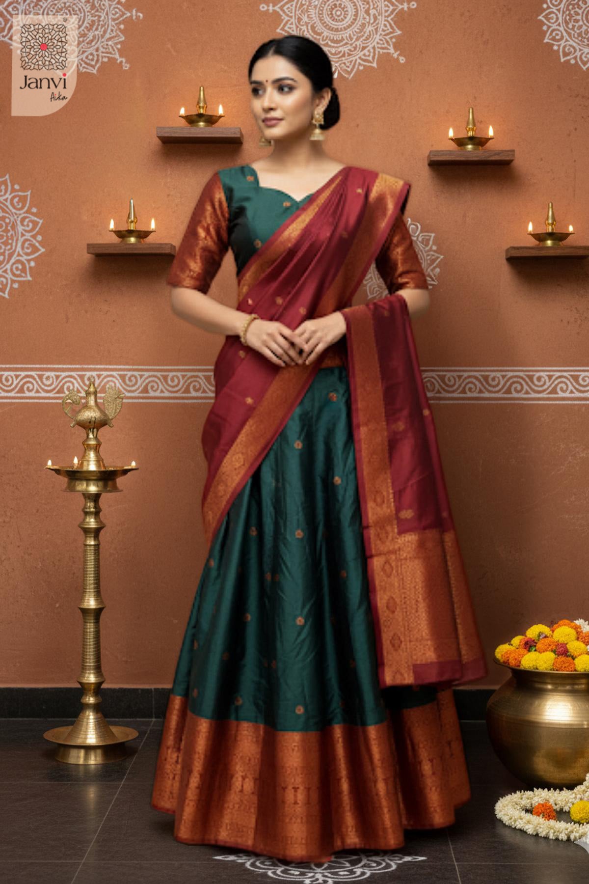 Rajasi Teal & Maroon Heritage Silk Half Saree Lehenga Set