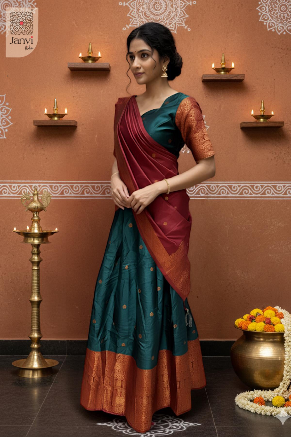 Rajasi Teal & Maroon Heritage Silk Half Saree Lehenga Set