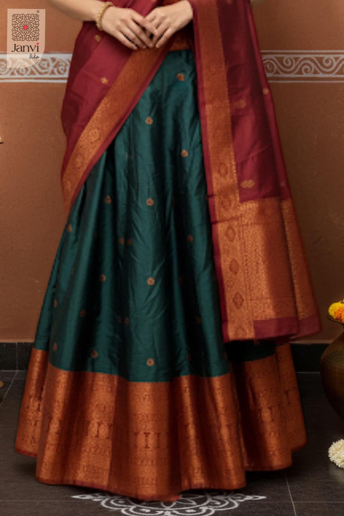 Rajasi Teal & Maroon Heritage Silk Half Saree Lehenga Set