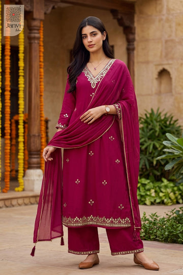 Rani pink festive embroidered silk georgette anarkali kurti with matching dupatta.