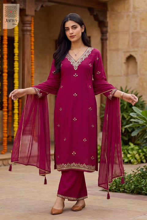 Full sequence pose of a rani pink embroidered anarkali kurta with open dupatta drape.