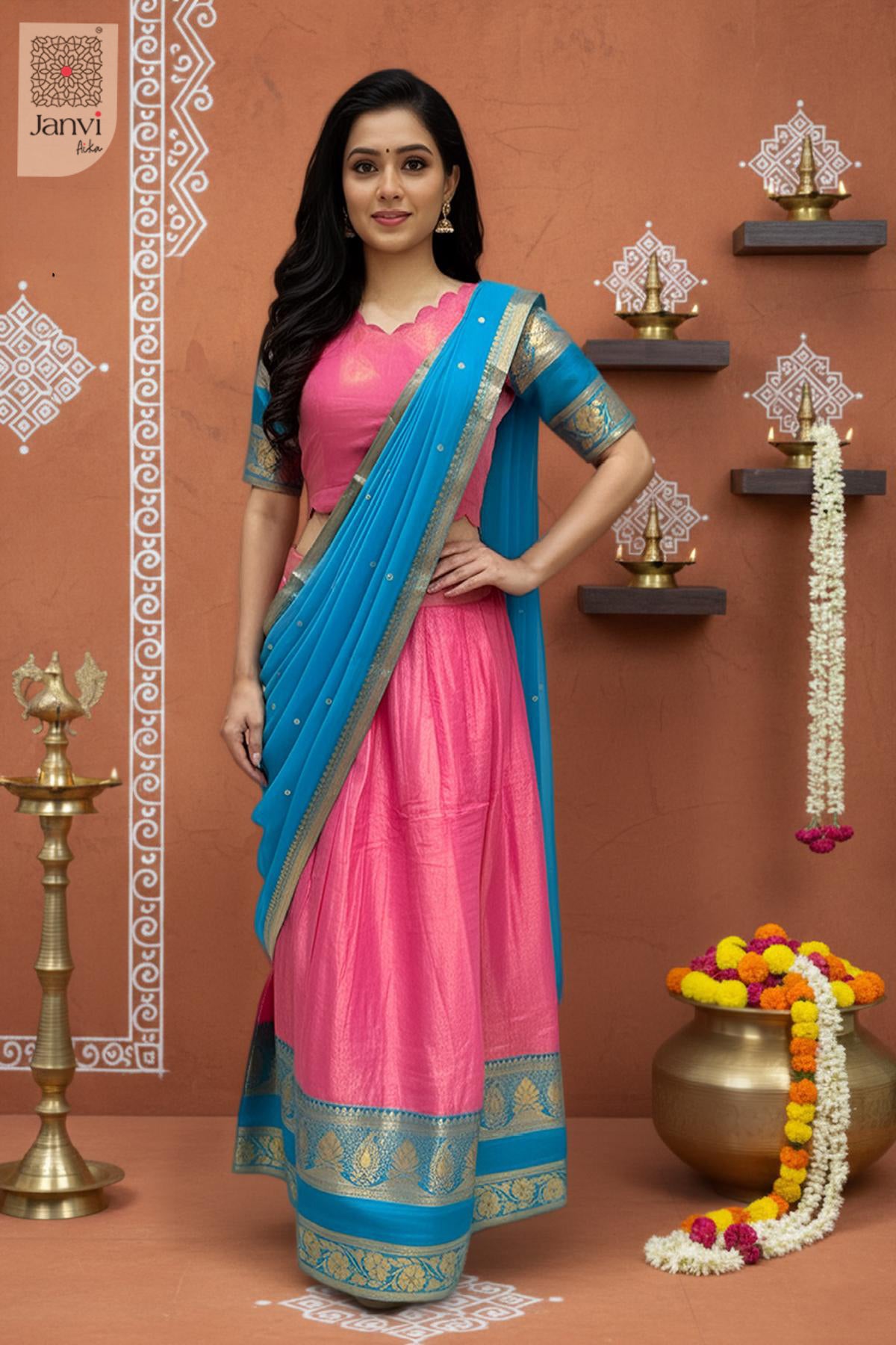 Rose Lagoon Half Saree Lehenga Set