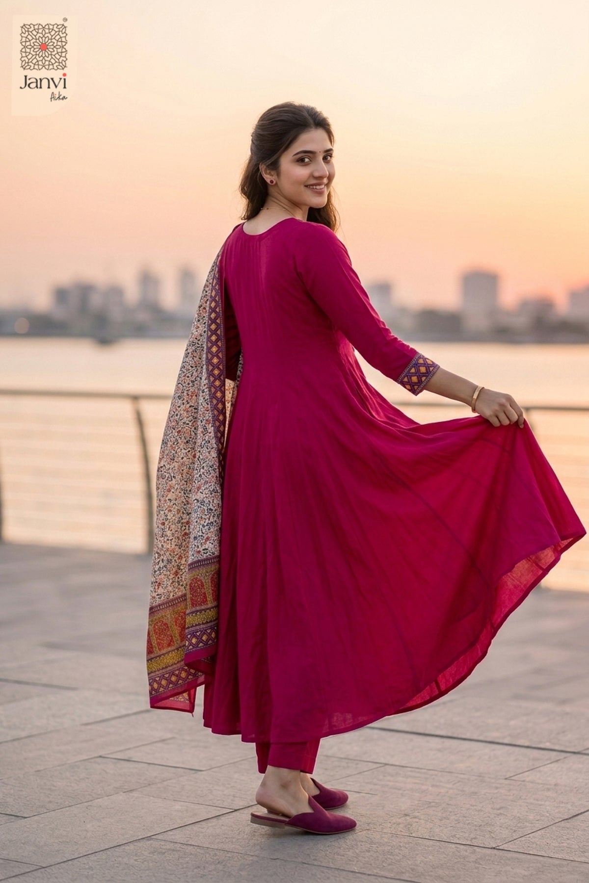 Rear view of a pink flared anarkali kurta with matching floral print silk dupatta.