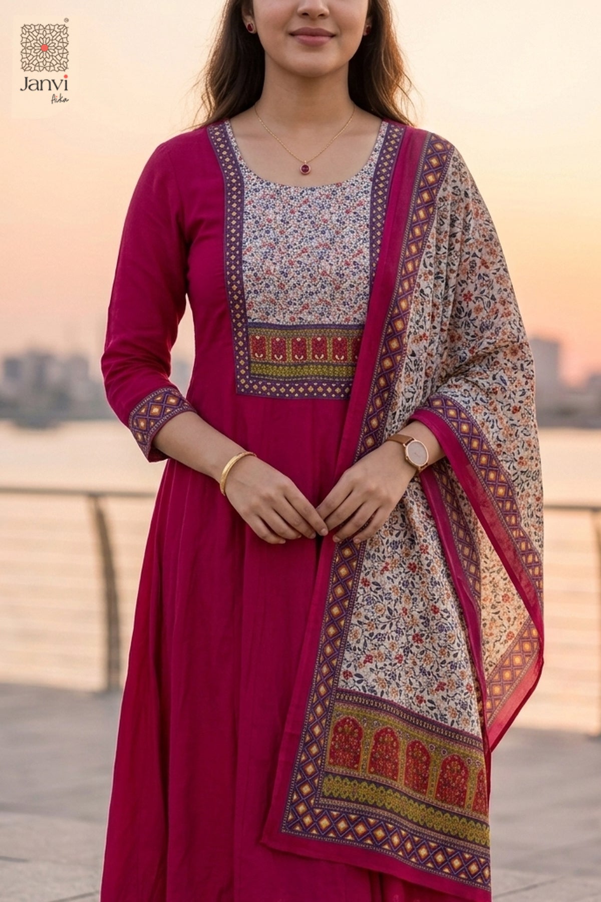 Close up portrait of floral printed yoke detailing on a pink anarkali kurta set.