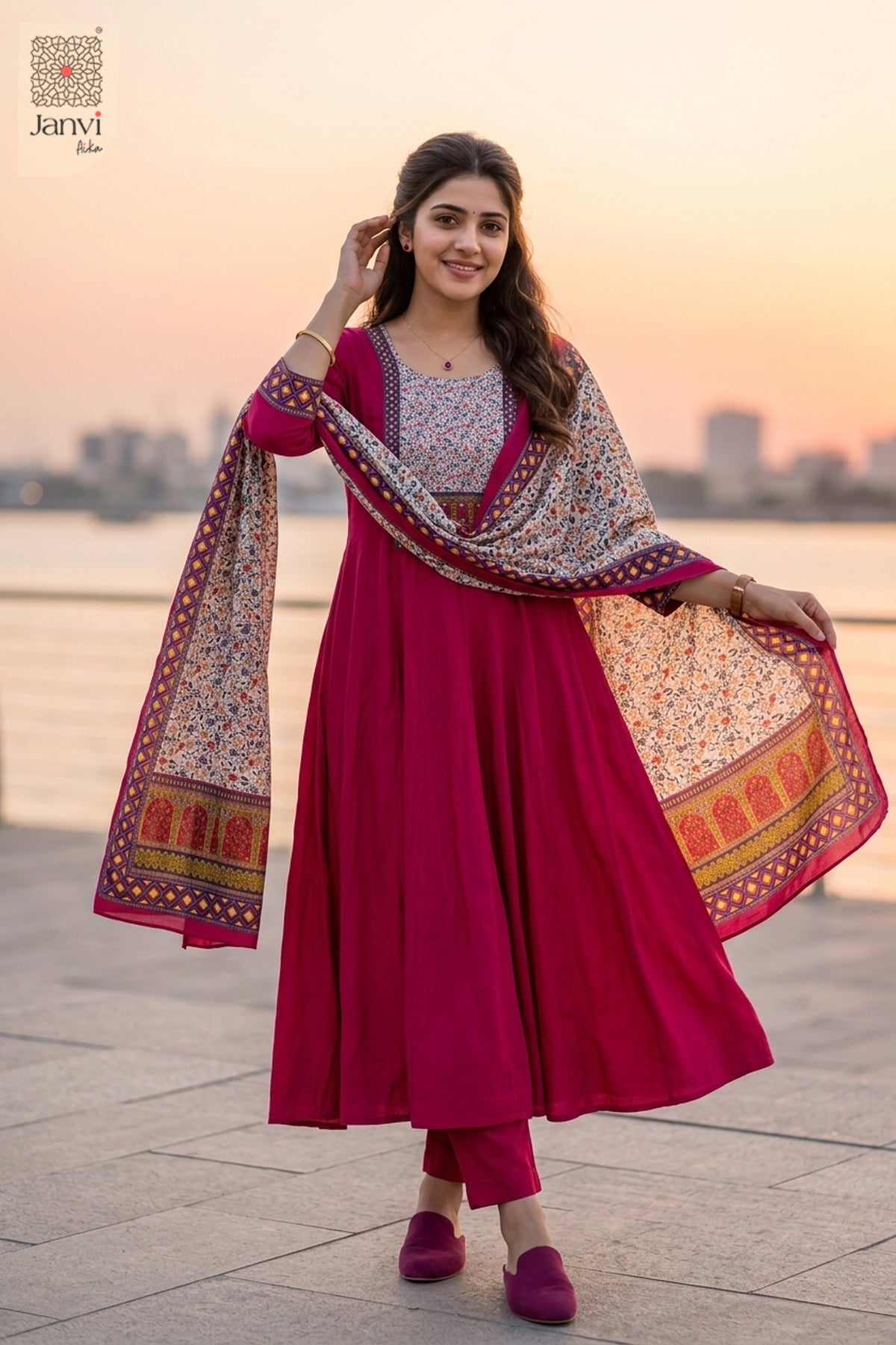 Pink festive flared long anarkali dress with dupatta featuring ornate printed borders.