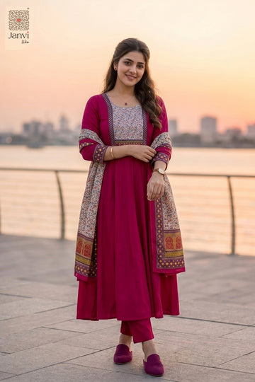 Full length sequence view of a pink festive floral anarkali lehenga dress sunset.