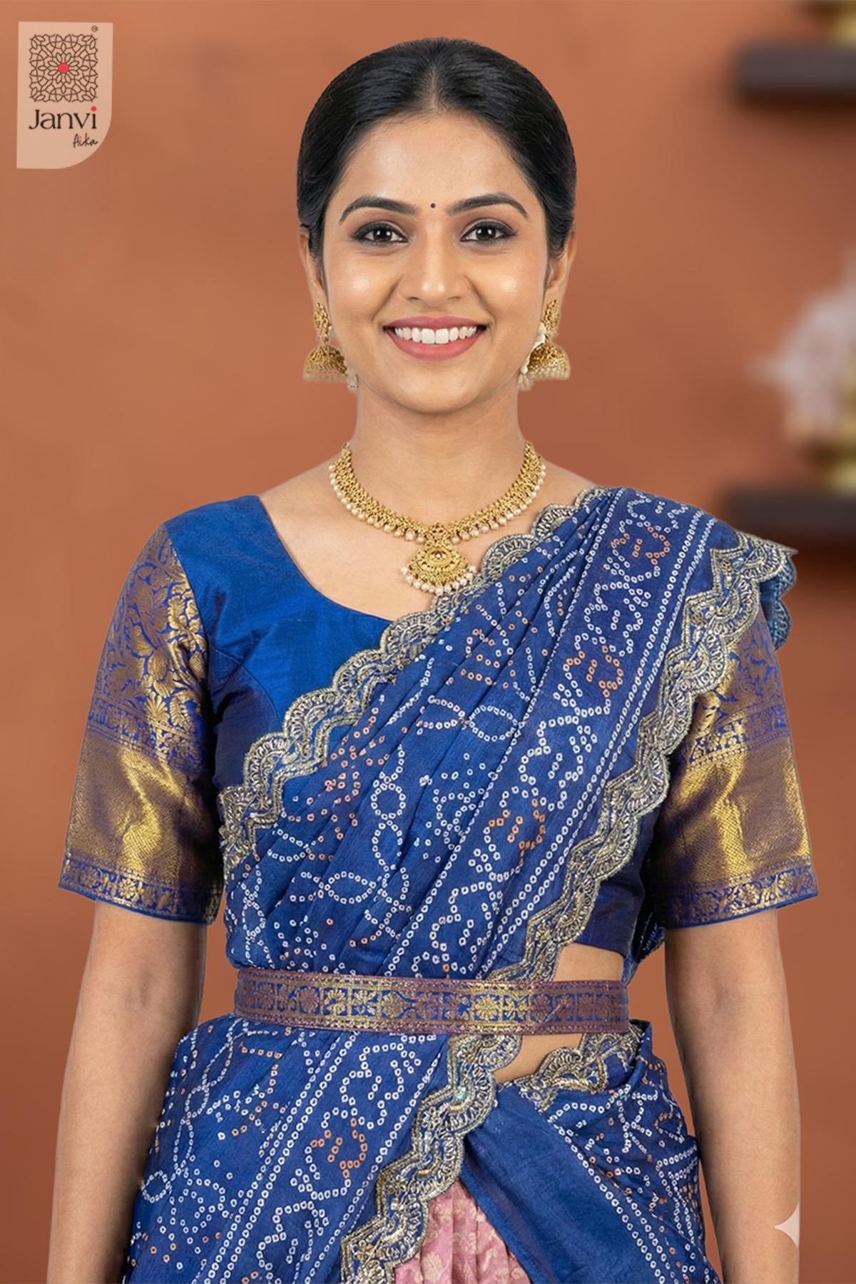 Close-up of bodice and embroidery of Royal Bloom Half Saree for online shopping dresses for ladies.