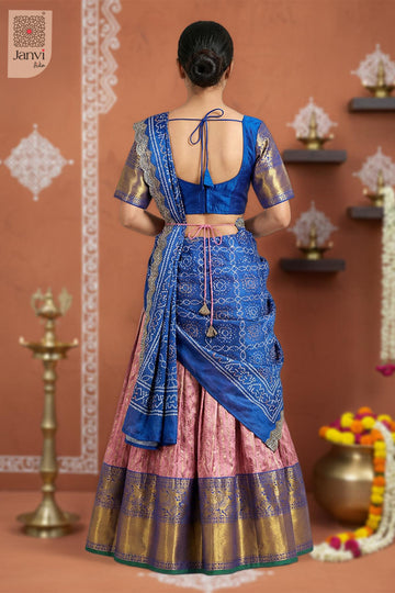 Front angled view of the flared silhouette of Royal Bloom for designer lehenga saree for wedding.