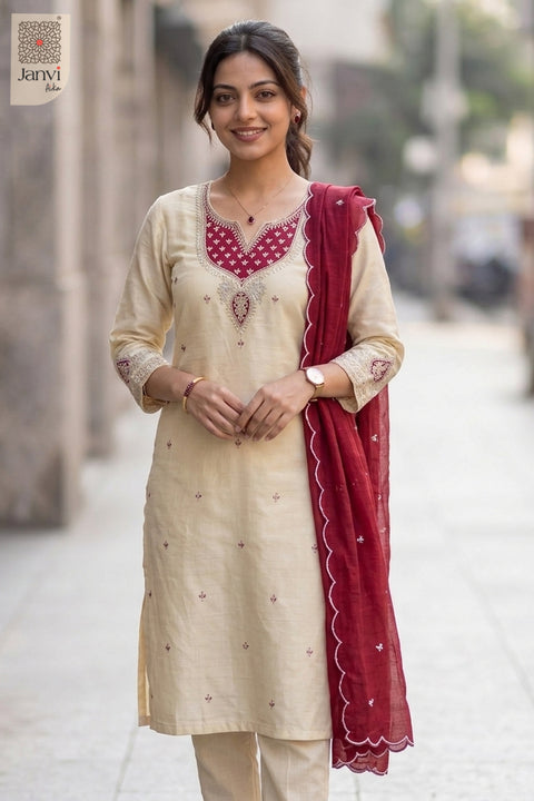 Royal Heritage Embroidered Chudidhar – Red