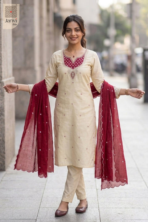 Royal Heritage Embroidered Chudidhar – Red
