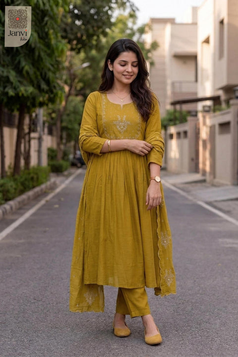 Front standing view of a mustard yellow festive pleated flared anarkali kurta.
