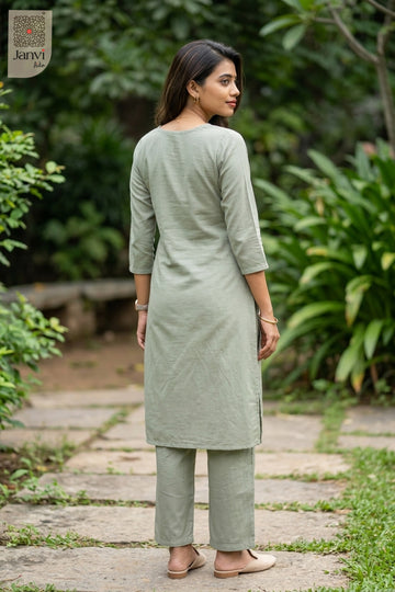 Back view of Sage Sernity in soft grey cotton from the 2 piece outfits for ladies range.