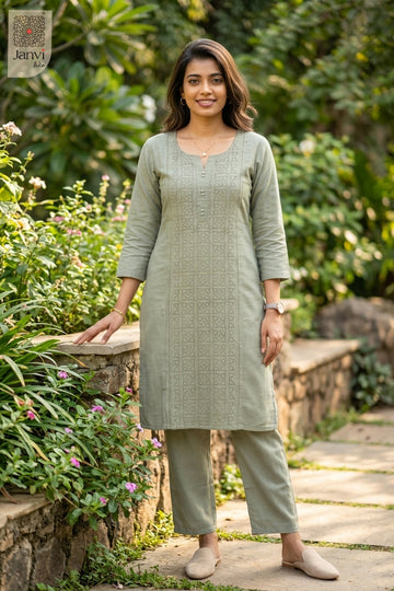 Full front view of Sage Sernity from the 2 piece outfits for ladies range with straight pants.