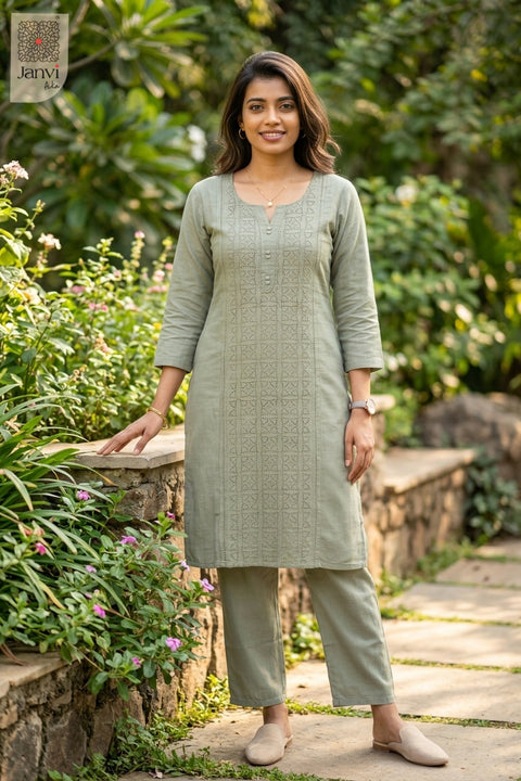 Full front view of Sage Sernity from the 2 piece outfits for ladies range with straight pants.