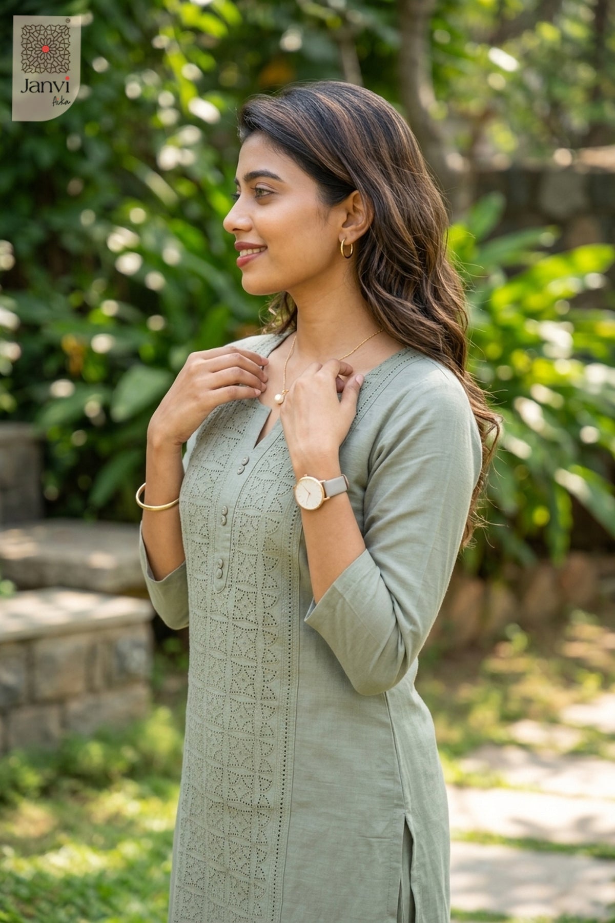 Side detail of Sage Sernity in grey cotton from the 2 piece outfits for ladies collection.