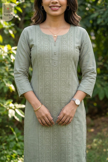 Front close-up of Sage Sernity from the 2 piece outfits for ladies range with tonal cutwork.
