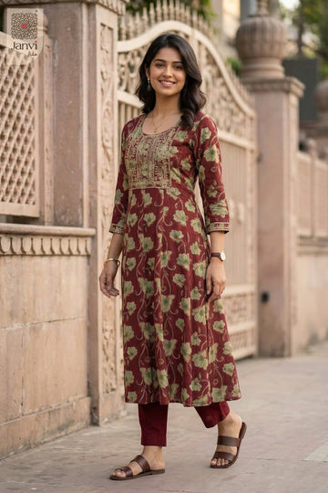 Front angled view of the flared silhouette of Scarlet Soul for silk traditional dress for women.