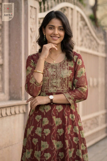 Close-up of bodice and embroidery of Scarlet Soul for best birthday outfits for ladies.