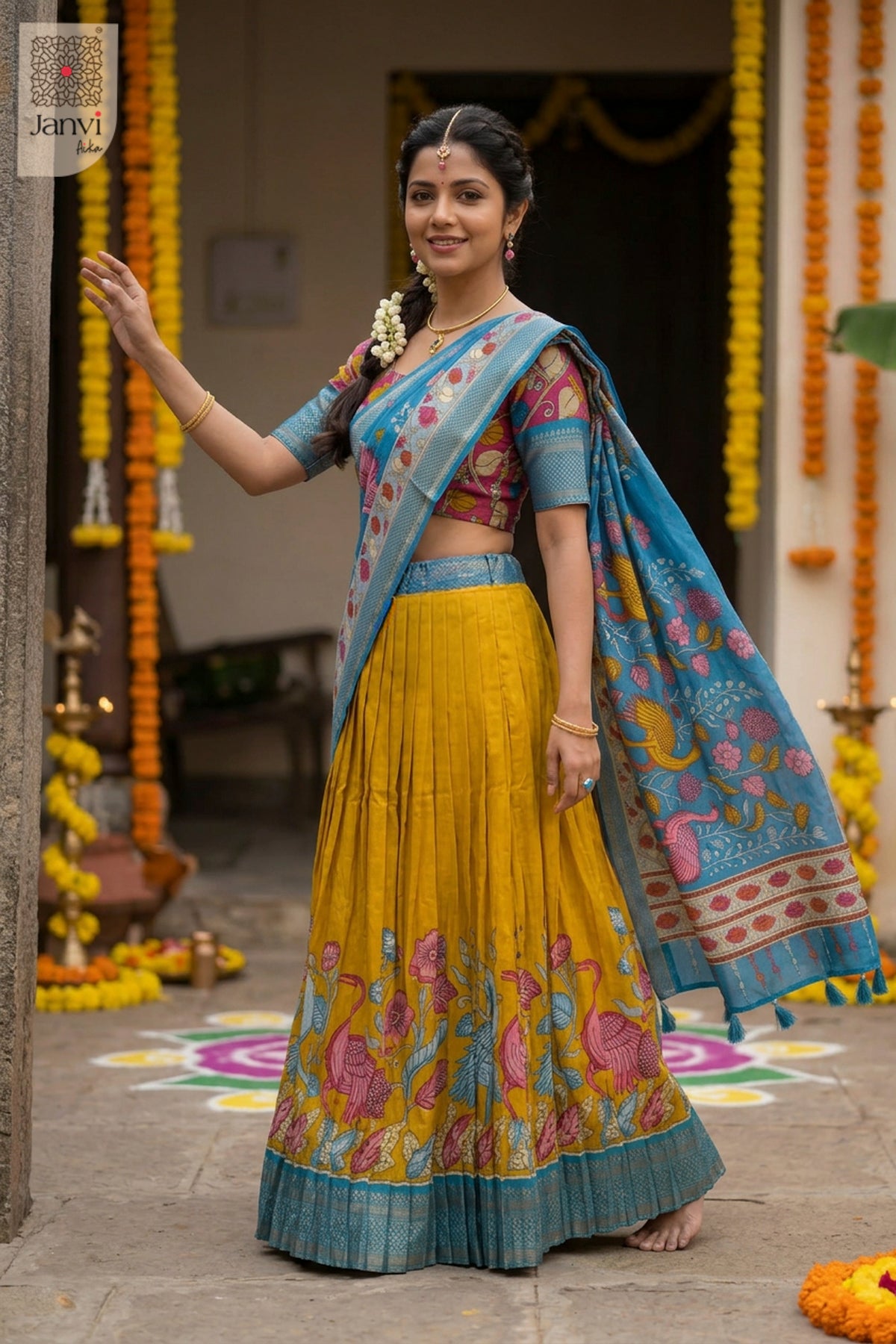 Standing side profile shot of a half saree as a beautiful lehenga fancy saree for weddings.