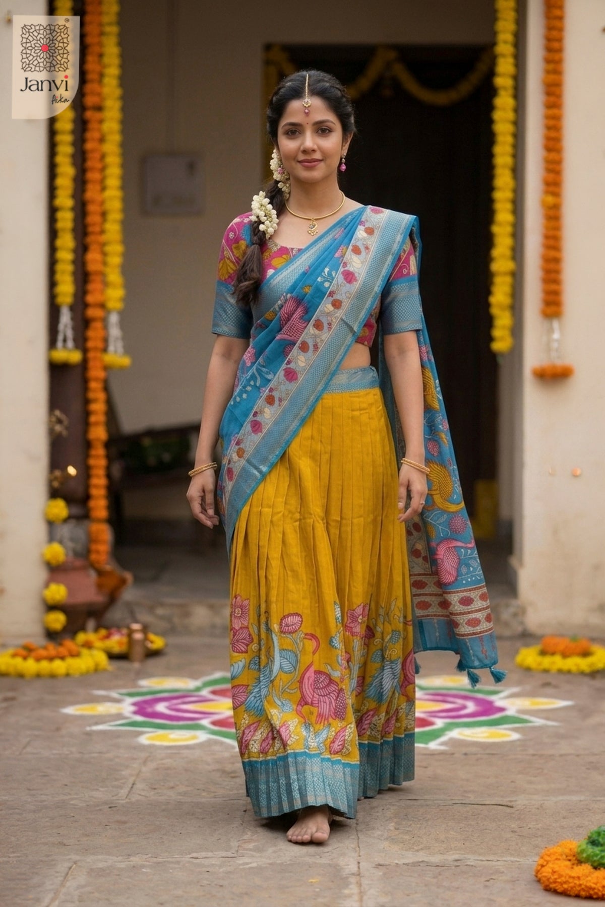 Front full standing shot of a half saree as a beautiful traditional lehenga saree.