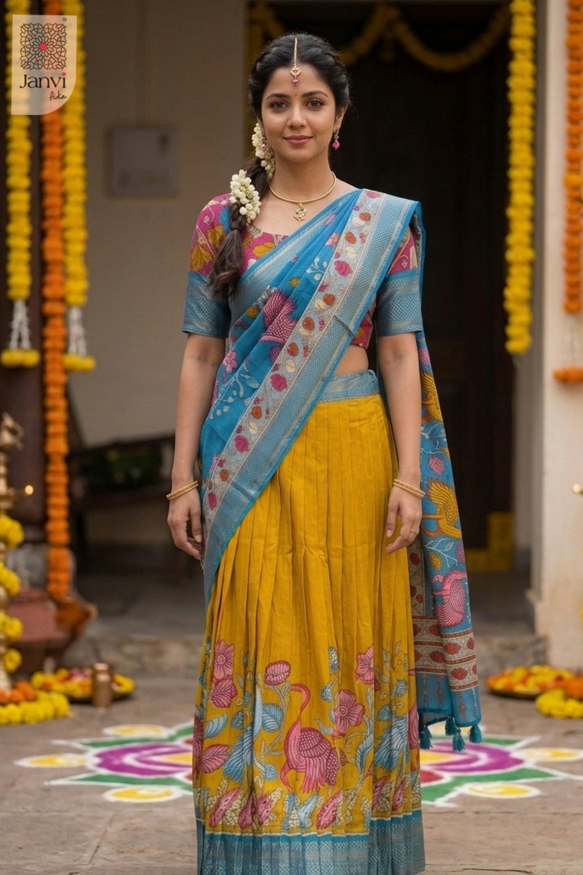 Front full standing shot of a half saree as a beautiful embroidered lehenga saree.