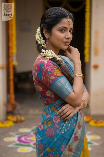 Close up side profile detail of a half saree as a beautiful lehenga saree new model.