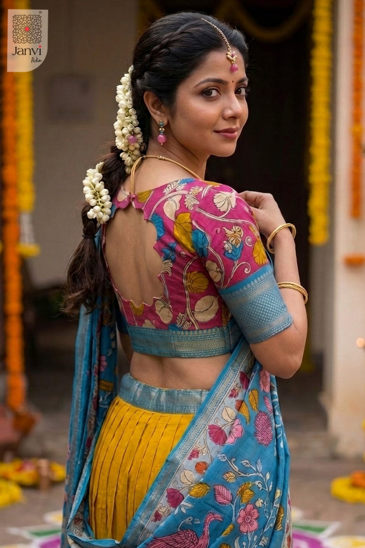 Waist up rear keyhole neck of a half saree as a beautiful latest lehenga saree for weddings.