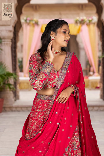 Close-up view showing neckline styling of Sindoori Shobha for south indian traditional lehenga.