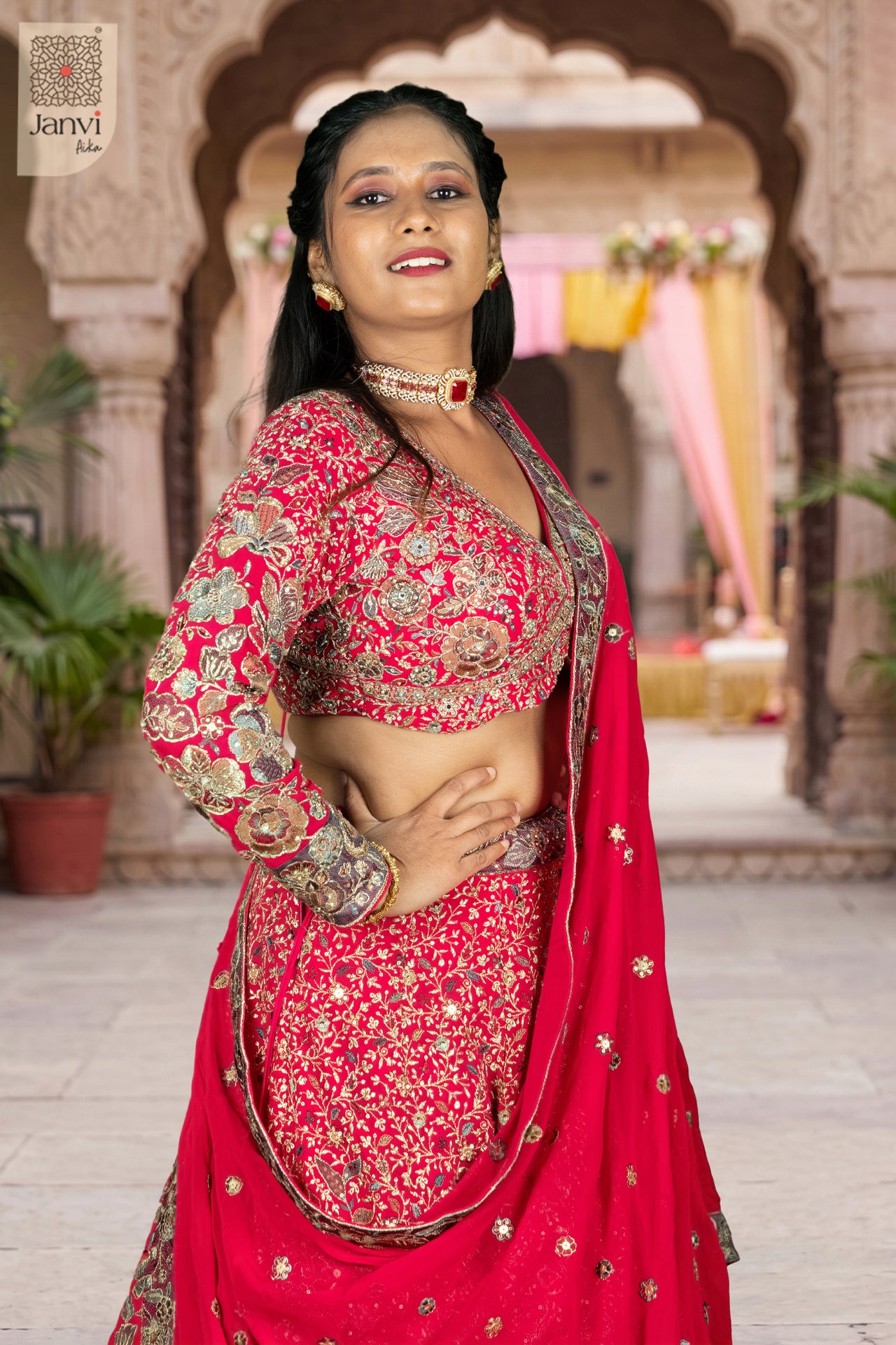 Standing side profile shot of a classic dark pink georgette lehenga for women party design.