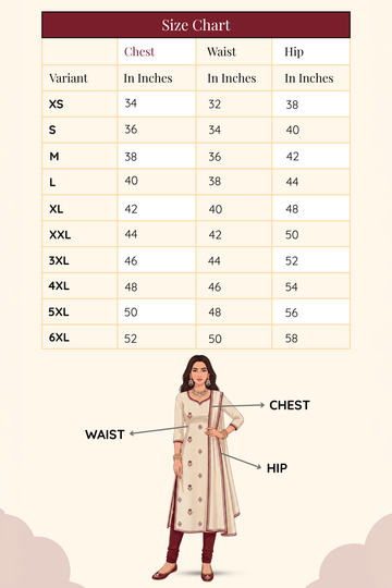 Women's churidar size chart with chest waist and hip measurements from XS to 6XL