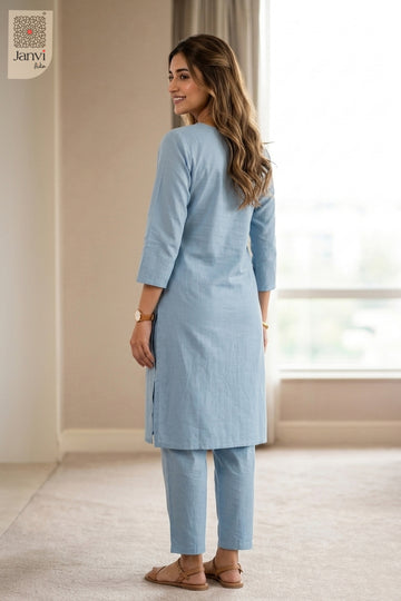 Back view of Skyloom in light blue cotton from the 2 piece outfits for ladies collection.