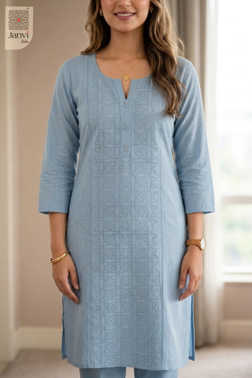 Front close-up of Skyloom from the 2 piece outfits for ladies range with tonal cutwork.