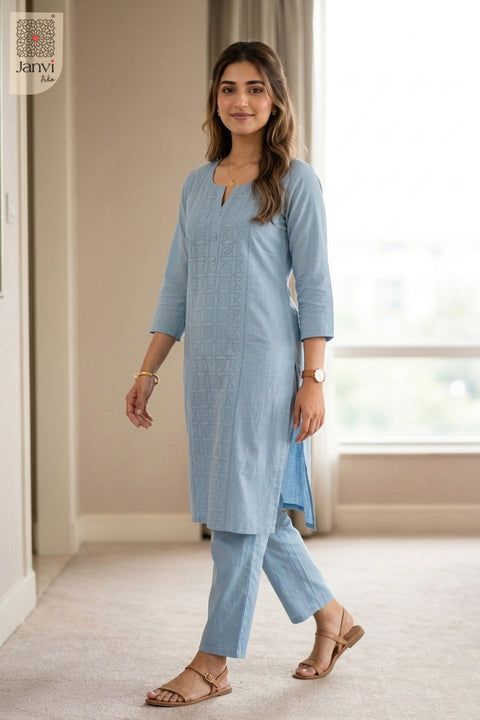 Walking view of Skyloom in light blue cotton from the 2 piece outfits for ladies range.