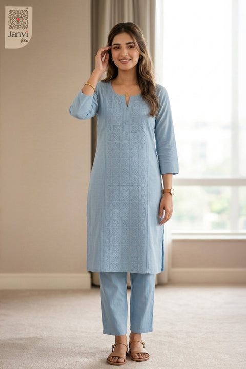 Full front view of Skyloom from the 2 piece outfits for ladies collection with straight pants.