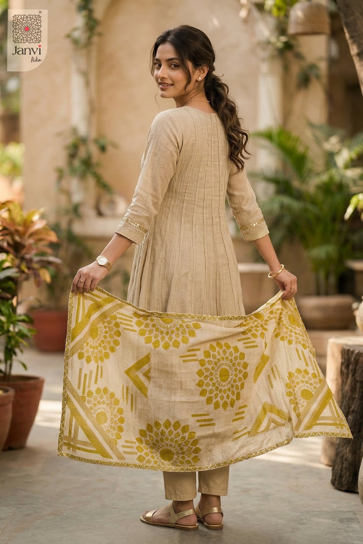 Front angled view of the flared silhouette of Sunbloom for long anarkali dress with dupatta.