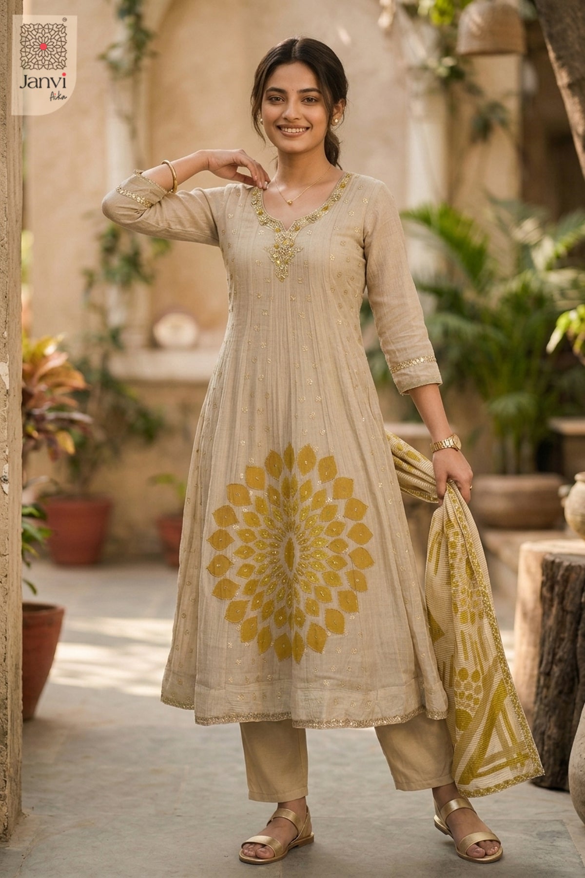 Waist-up front view of Sunbloom presenting style for choli online shopping with price.