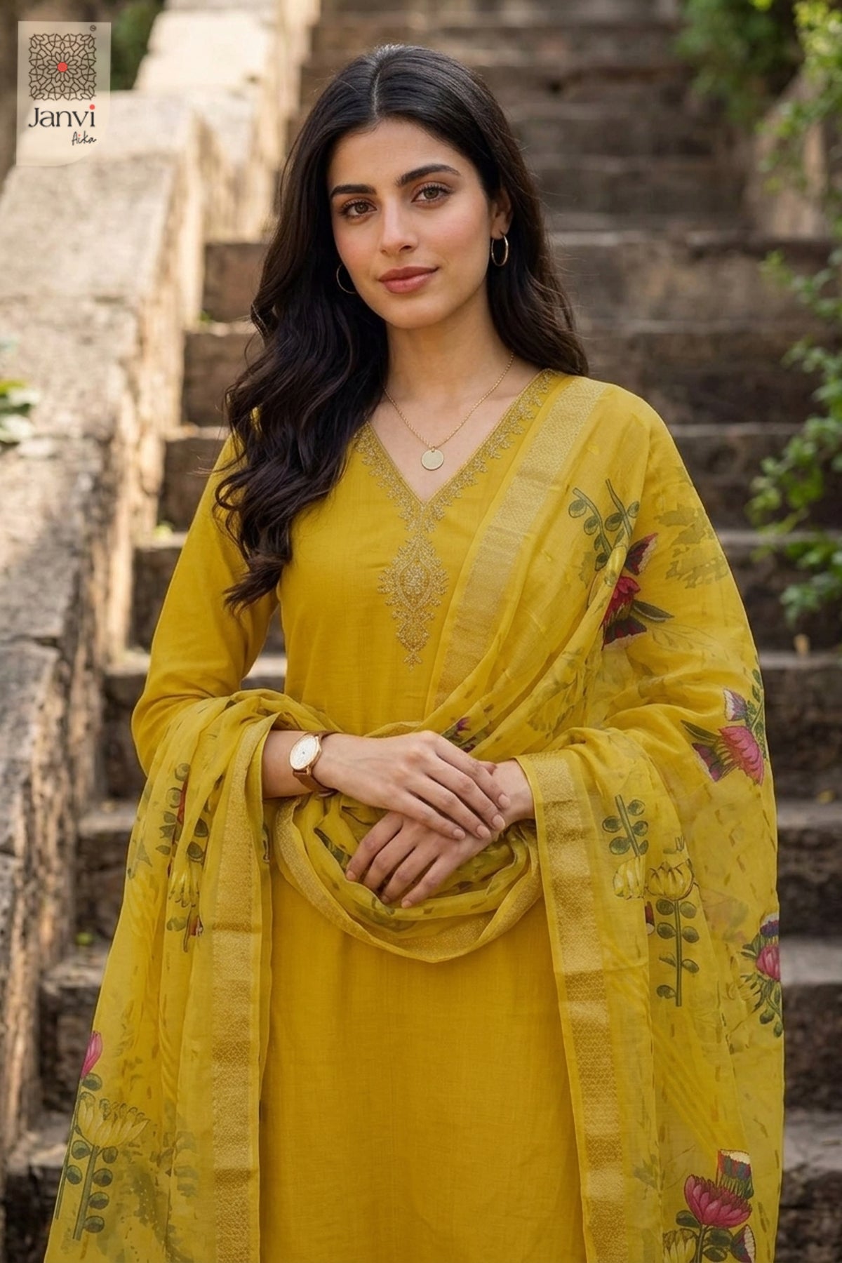 Outdoor stone staircase close up portrait in a mustard yellow churidar set with dupatta.