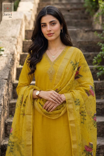 Outdoor stone staircase close up portrait in a mustard yellow churidar set with dupatta.