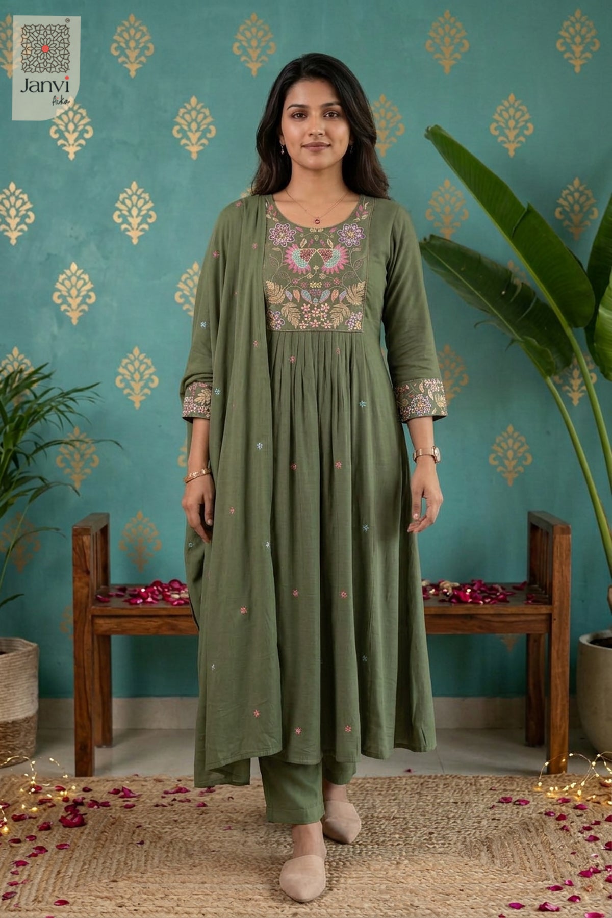 Sage Folkflora Embroidered Round Neck