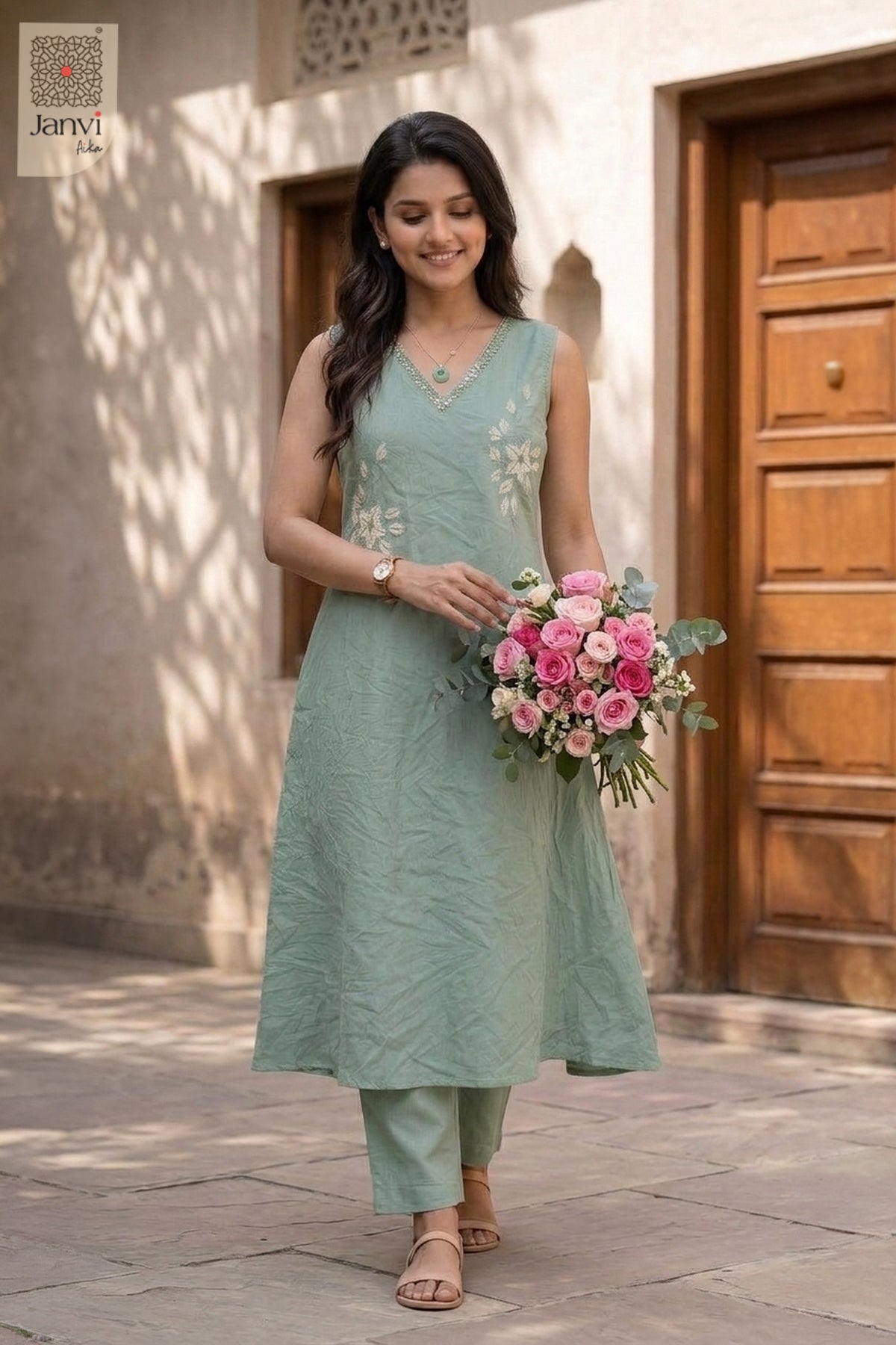 Sage Imperial Mirrorwork Floral Kurta