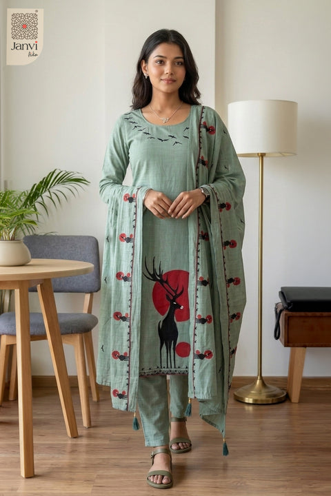 Sage Skies Round Neck Bird Embroidered Kurta