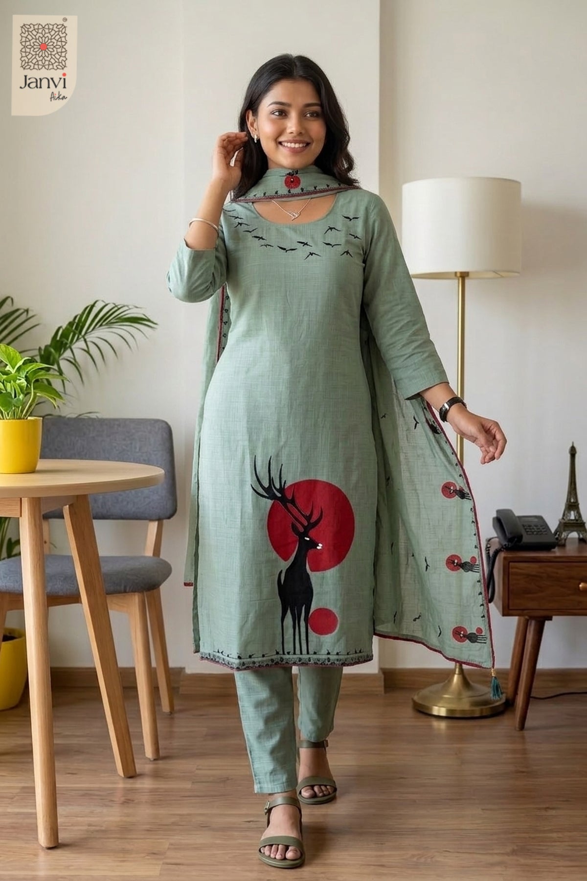 Sage Skies Round Neck Bird Embroidered Kurta