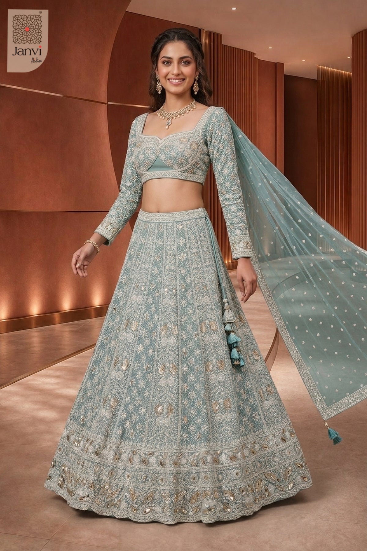Front profile view of Seafoam Green showcasing design for readymade party wear suits online.
